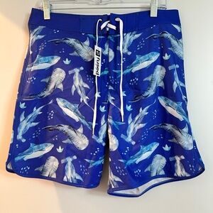 Blue Shark Print Men's Swim Board Shorts